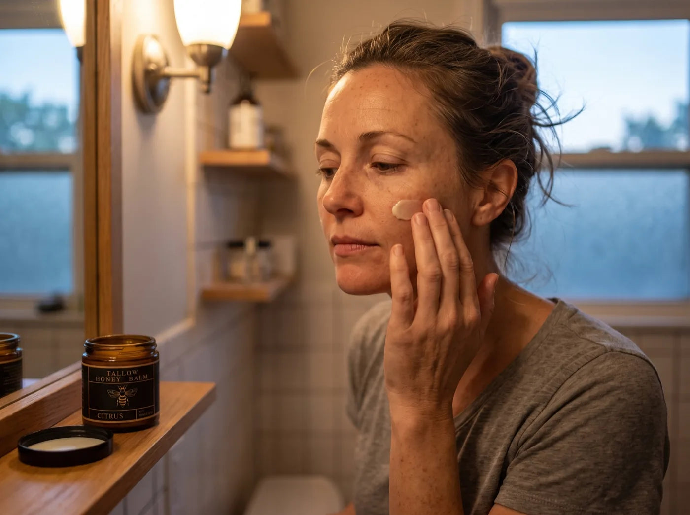 An anhydrous balm on damp skin. No water phase, so no emulsifier is required.
