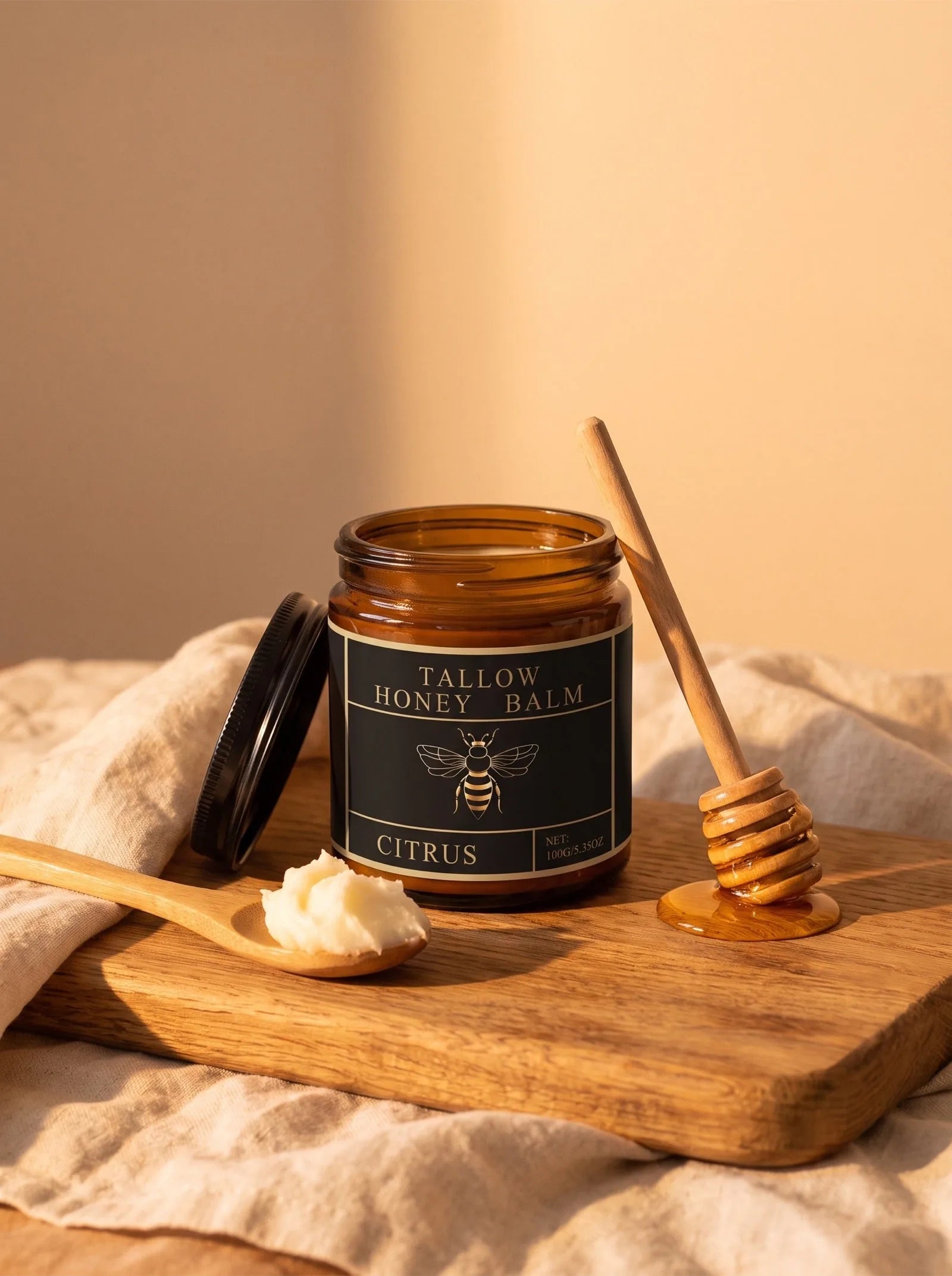 Whipped tallow and raw honey. Five ingredients, no water, no emulsifier.